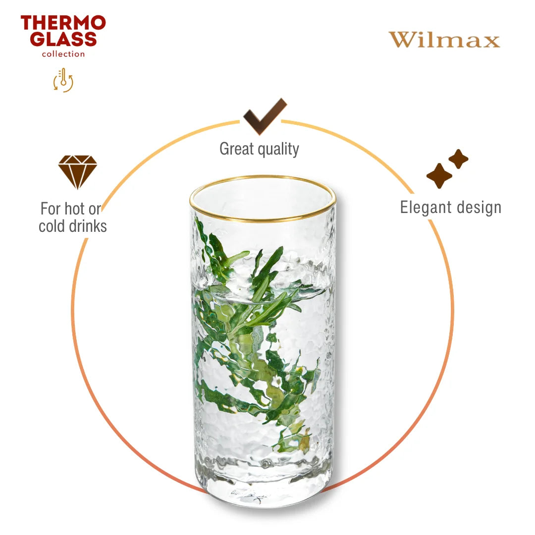 Wilmax Gehämmertes Glas 290 ml Transparent mit Goldrand aus Borosilikatglas