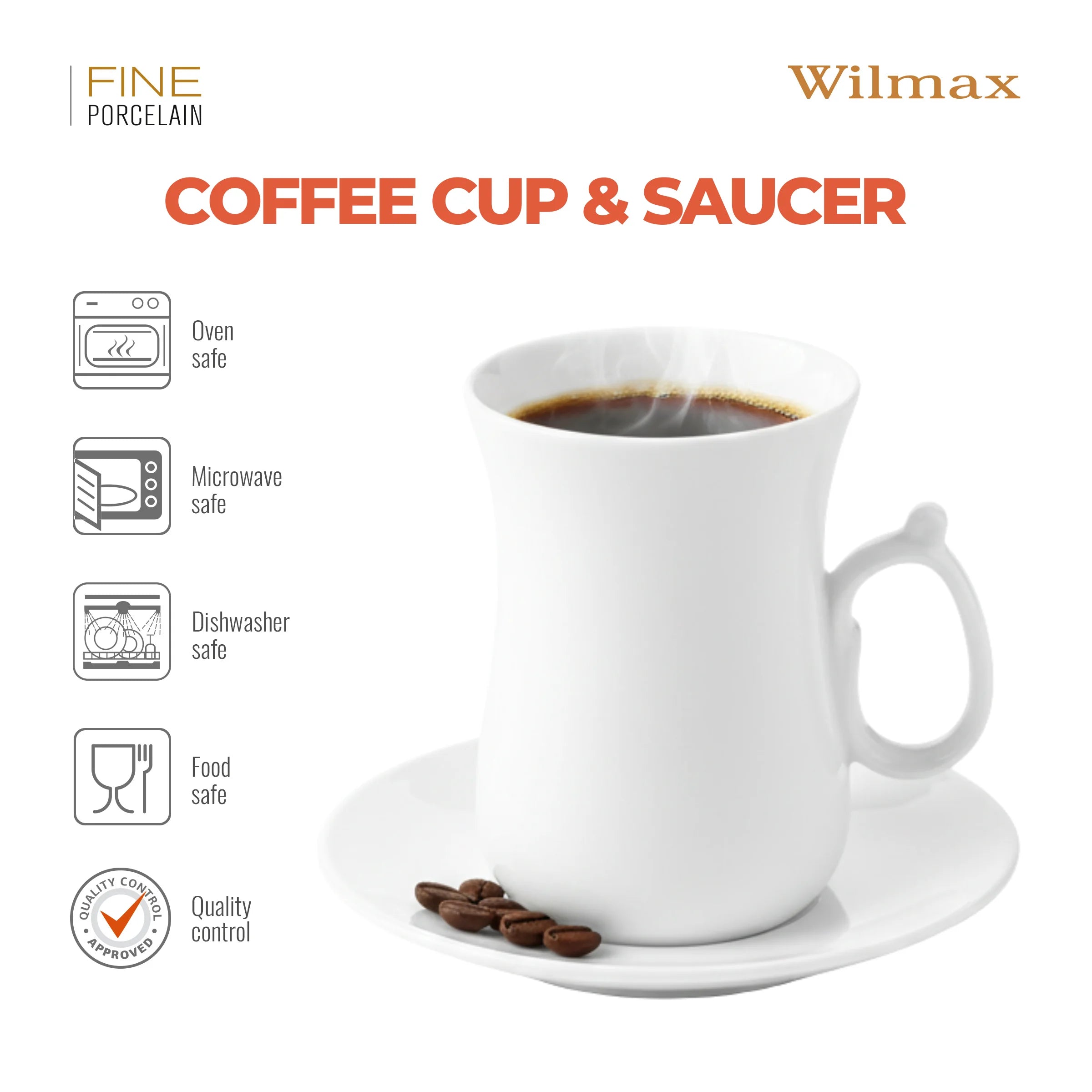 Wilmax Tasse mit Untertassen 6er-Set Weiß aus Porzellan