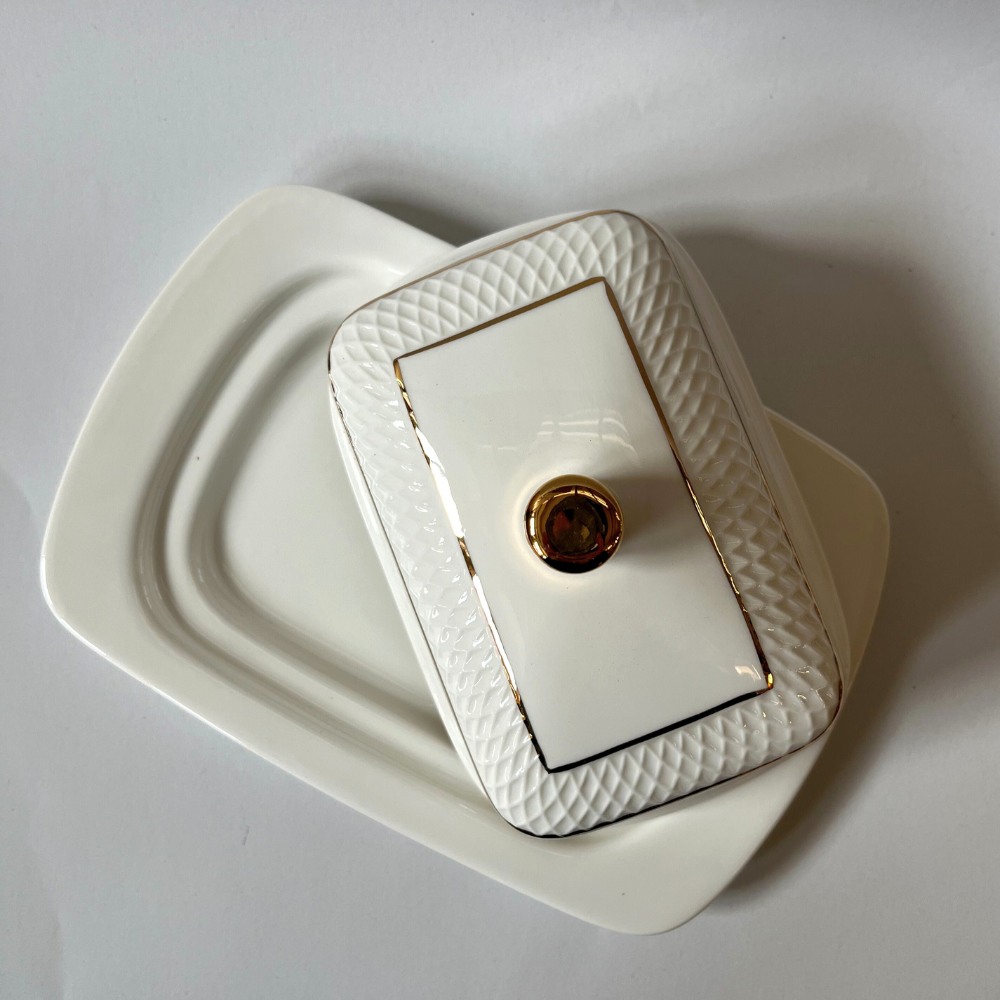 Wilmax Butterdose 18,5 × 12,5 × 7,5 cm Weiß mit Goldrand aus Porzellan