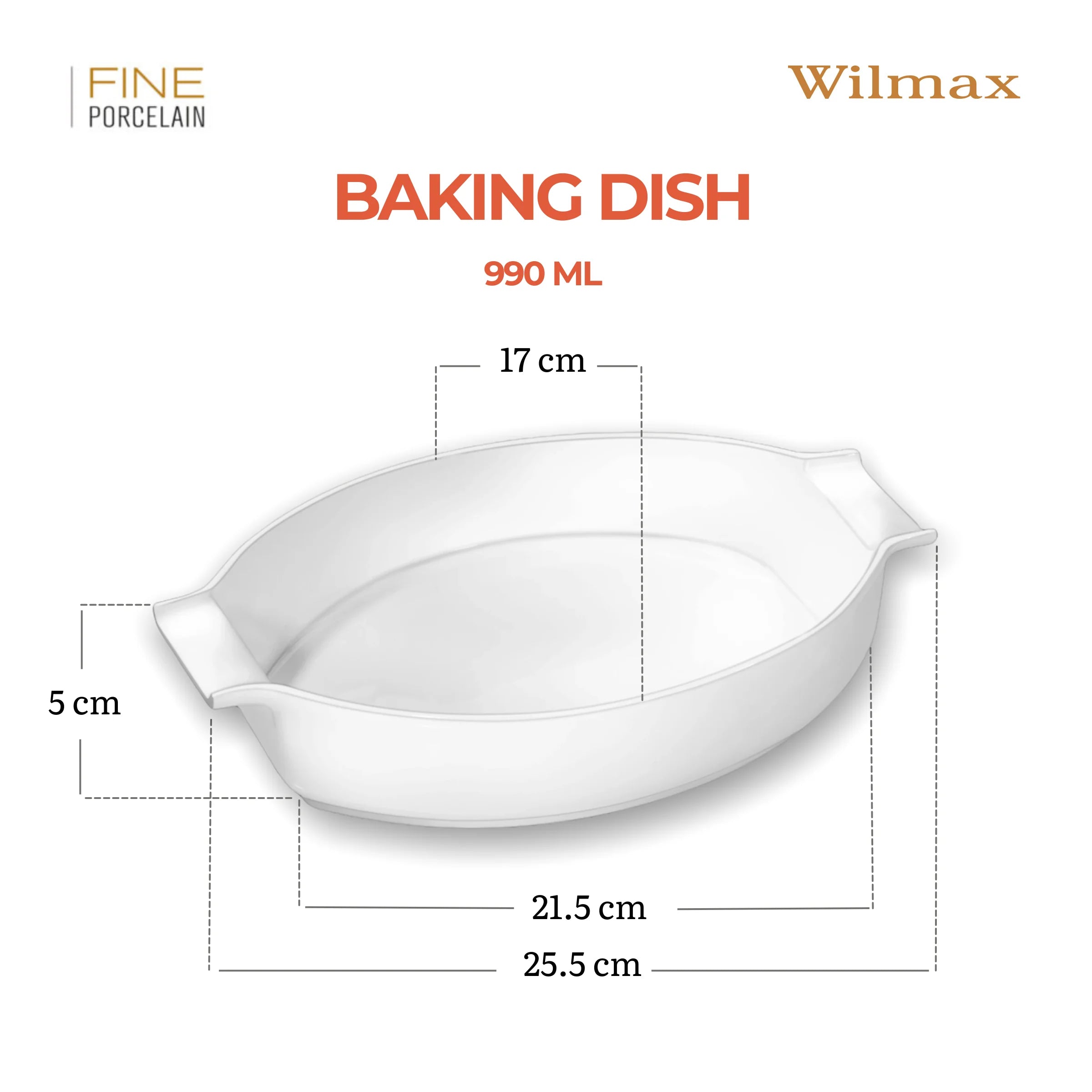 Wilmax Backform mit Griffen 990 ml Weiß aus Porzellan