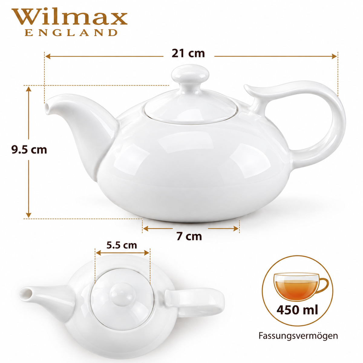Wilmax Kaffee- und Teekanne mit integriertem Ausgusssieb 450 ml Weiß aus Porzellan
