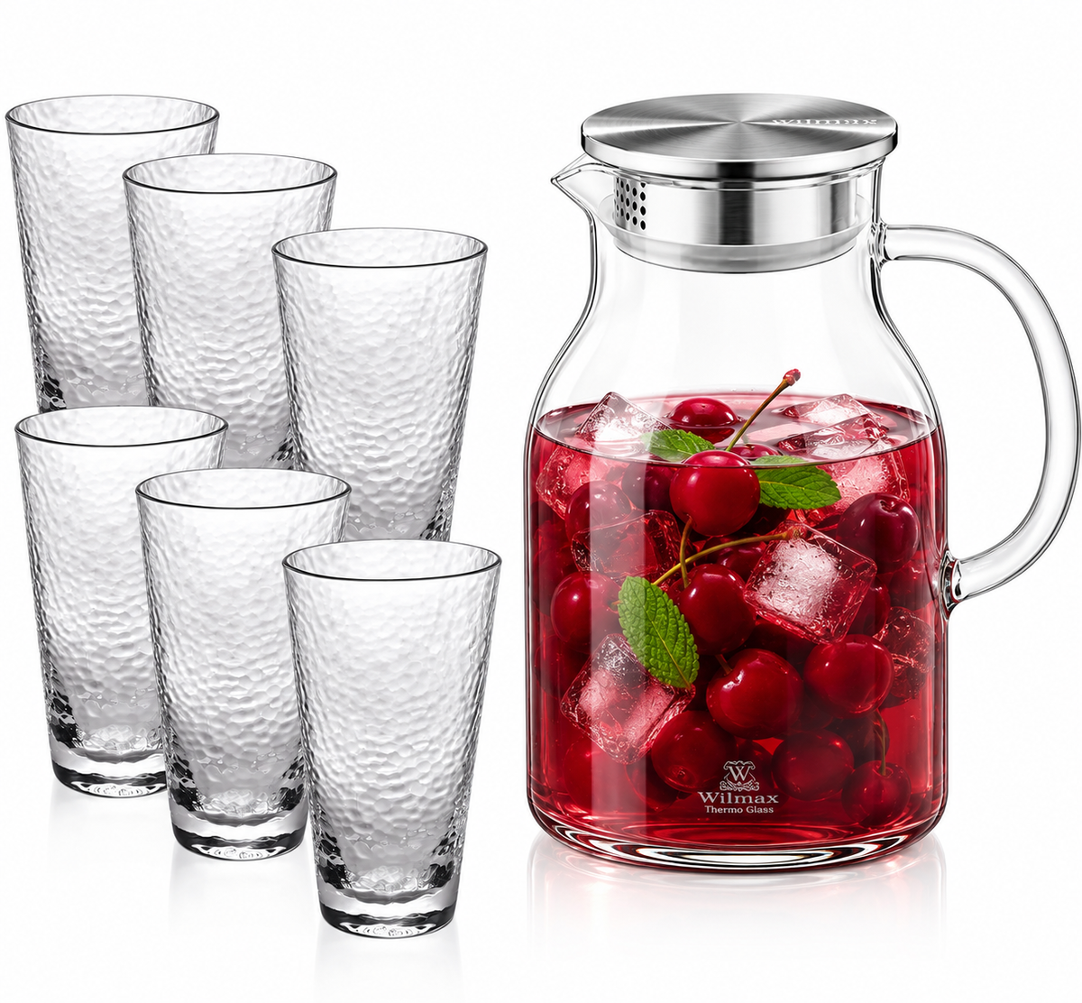 Wilmax Getränkeset 7-teilig mit Krug 2500 ml mit Edelstahldeckel und Filter und 6 gehämmerte Trinkgläser 450 ml