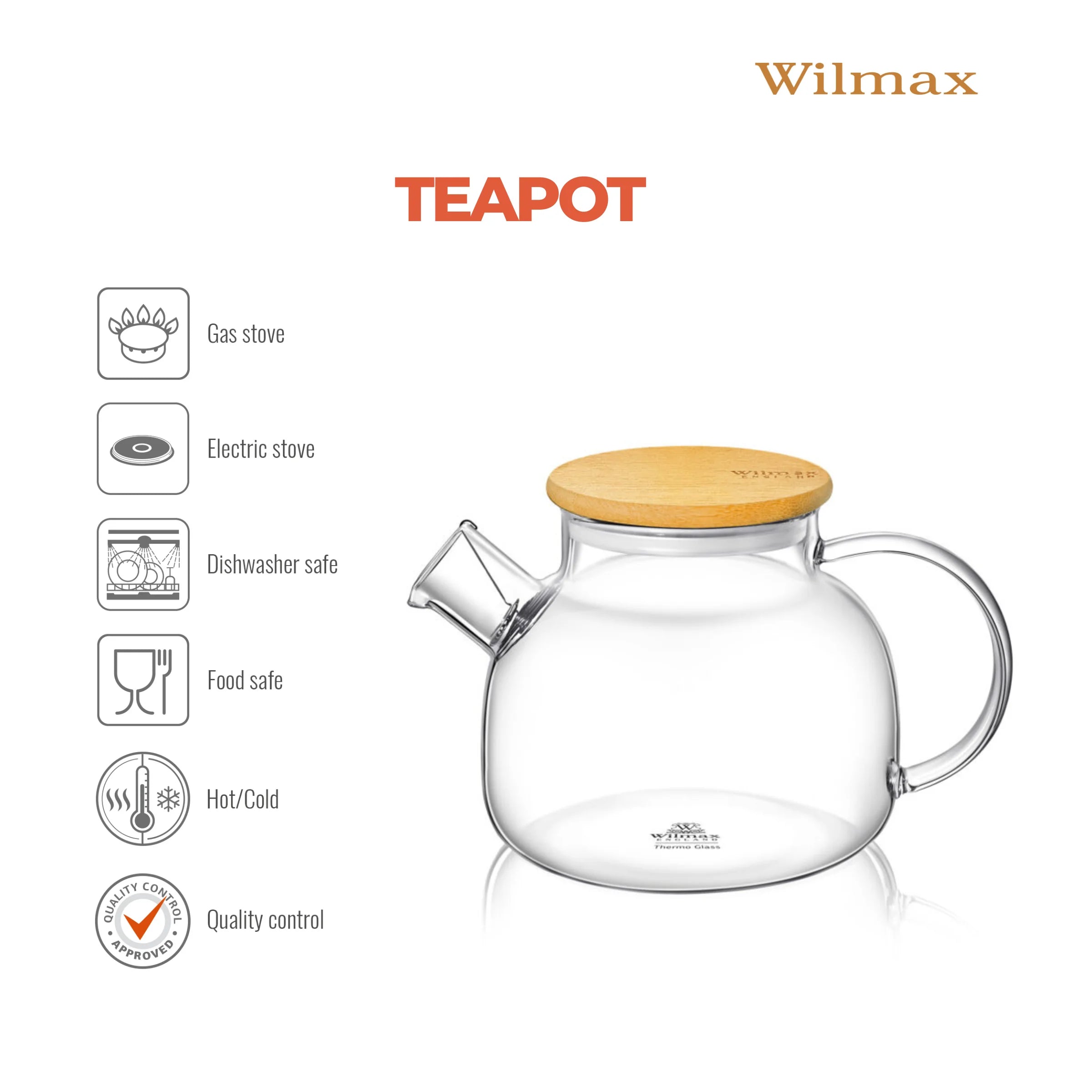 Wilmax Teekanne 950 ml mit Federfilter und Bambusdeckel Transparent aus Thermoglas