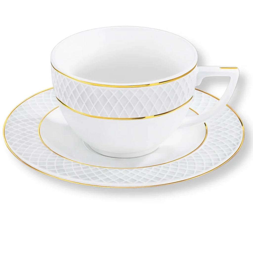 Wilmax Tasse mit Untertasse 240 ml 6er-Set Weiß mit goldfarbenem Dekor aus Porzellan