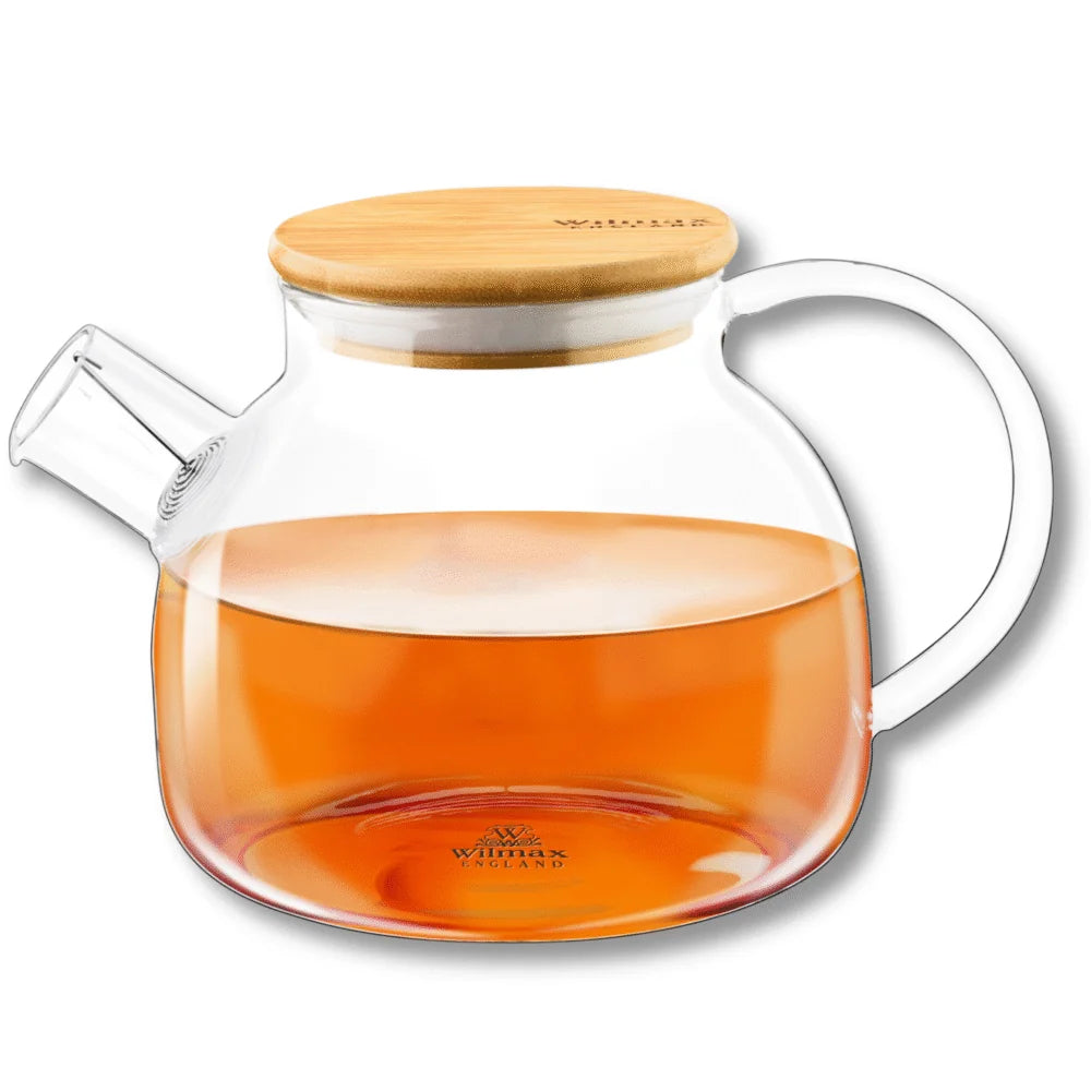 Wilmax Teekanne 950 ml mit Federfilter und Bambusdeckel Transparent aus Thermoglas