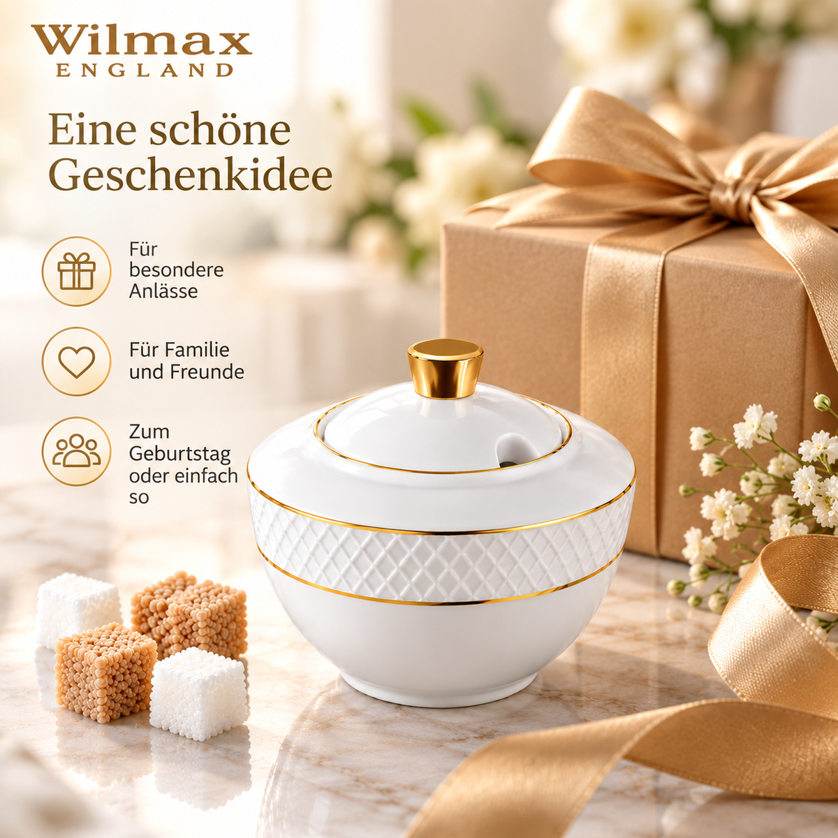 Wilmax Zuckerdose 340 ml Weiß mit Golddekor aus Porzellan