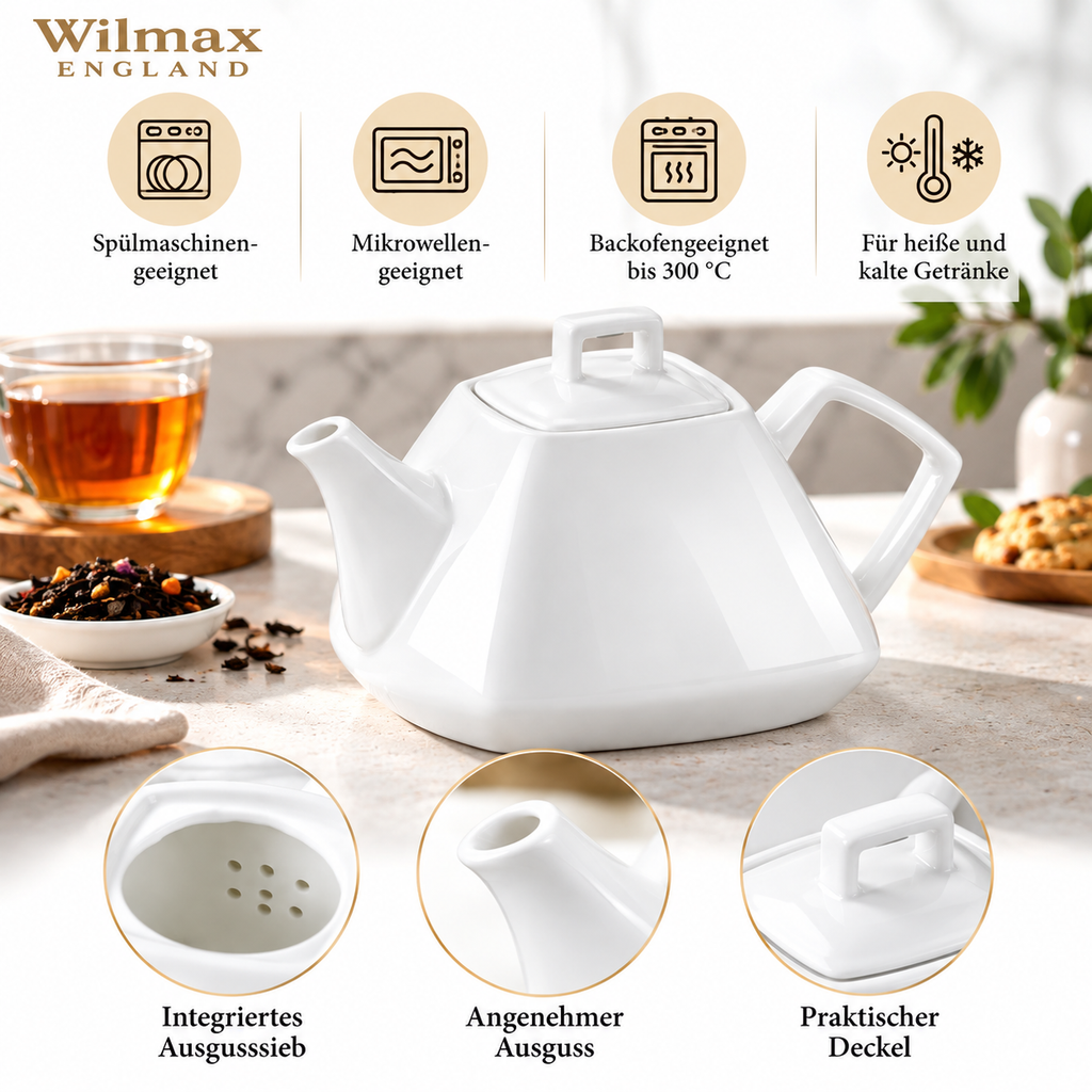Wilmax Kaffee- und Teekanne mit integriertem Ausgusssieb 1050 ml Weiß aus Porzellan