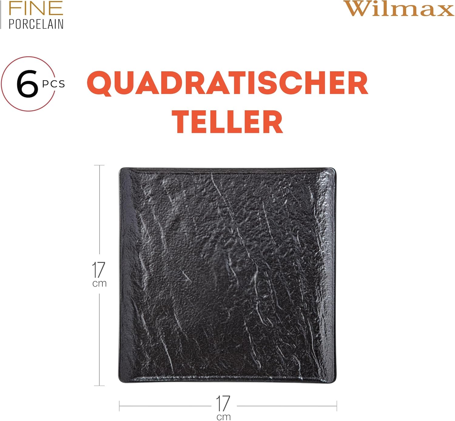 Wilmax Quadratische Servierplatte 17 × 17 cm 6er-Set Schwarz aus Porzellan
