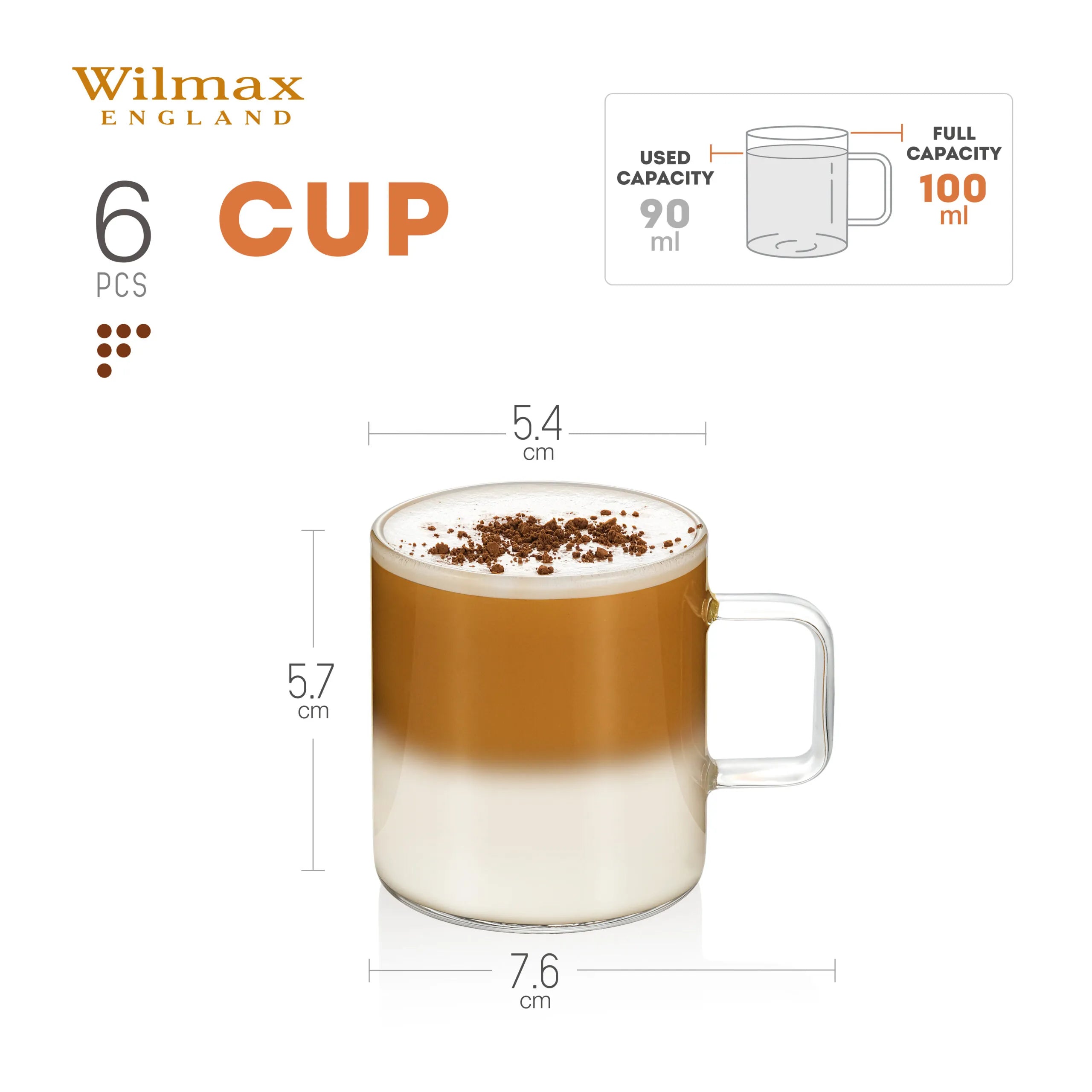 Wilmax Glastasse 100 ml 6er-Set Transparent aus Borosilikatglas