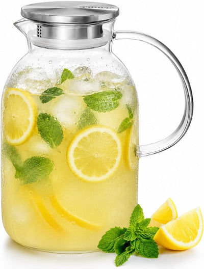 Wilmax Krug 2100 ml mit Edelstahldeckel und Filter Transparent aus Thermoglas