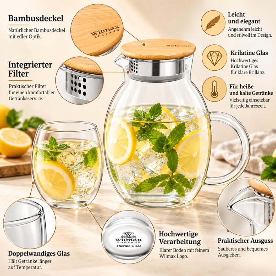 Wilmax Getränkeset 7-teilig mit Krug 2400 ml mit Bambusdeckel und Filter und 6 Thermogläser 530 ml