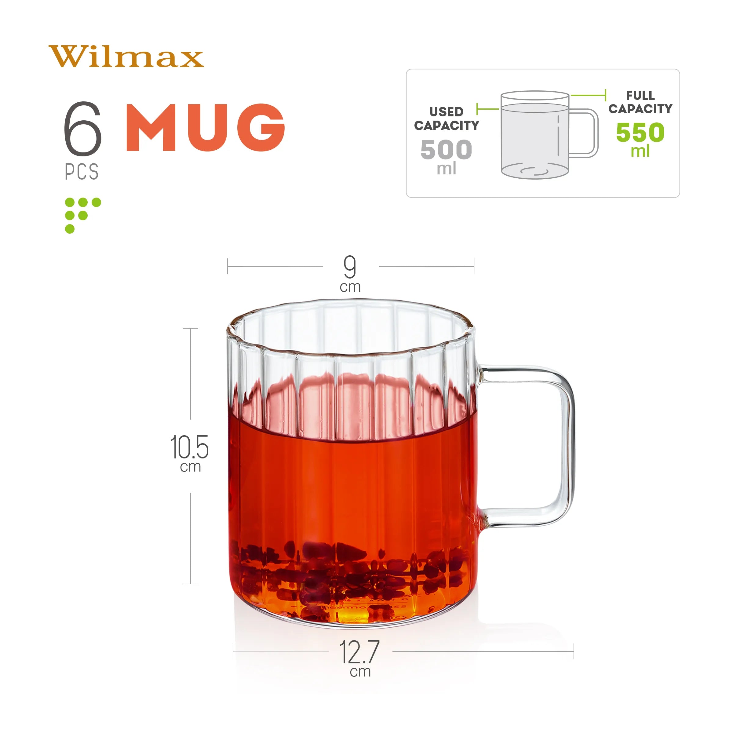 Wilmax Hitzebeständiger Glasbecher mit Henkel 550 ml 6er-Set aus Glas