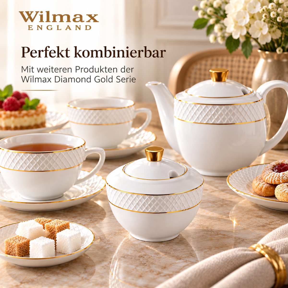 Wilmax Zucker- und Milchkännchen-Set mit Goldrand aus Porzellan 2-teilig