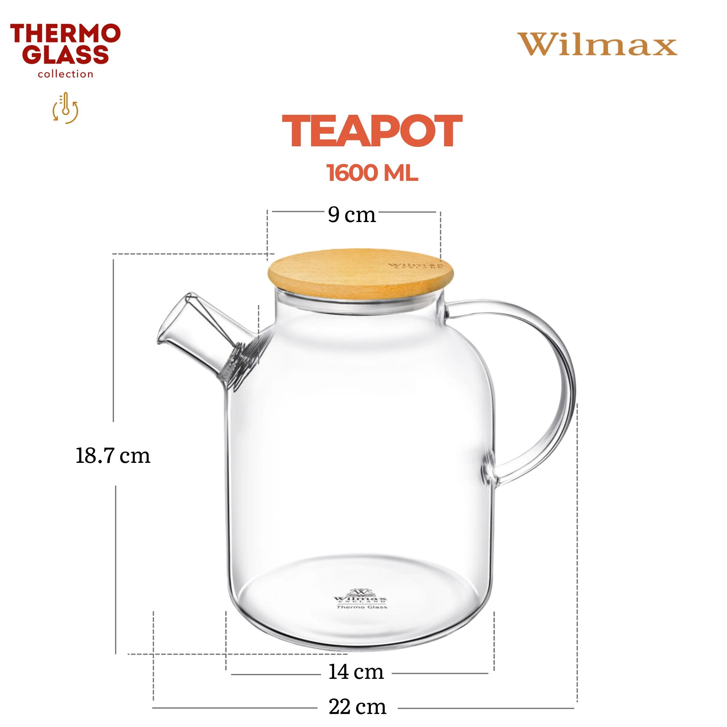 Wilmax Teekanne 1100 ml mit Federfilter und Bambusdeckel Transparent aus Thermoglas