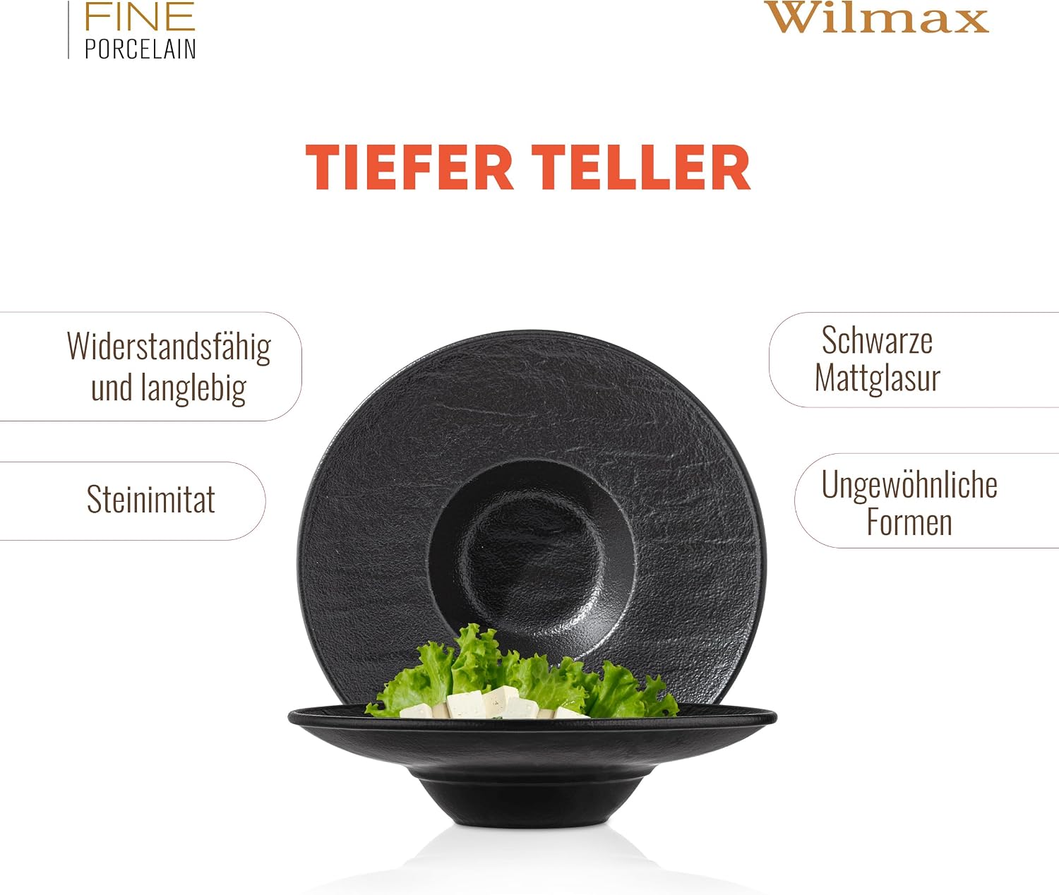 Wilmax Tiefer Teller 27 cm 250 ml 2er-Set Schwarz aus Porzellan