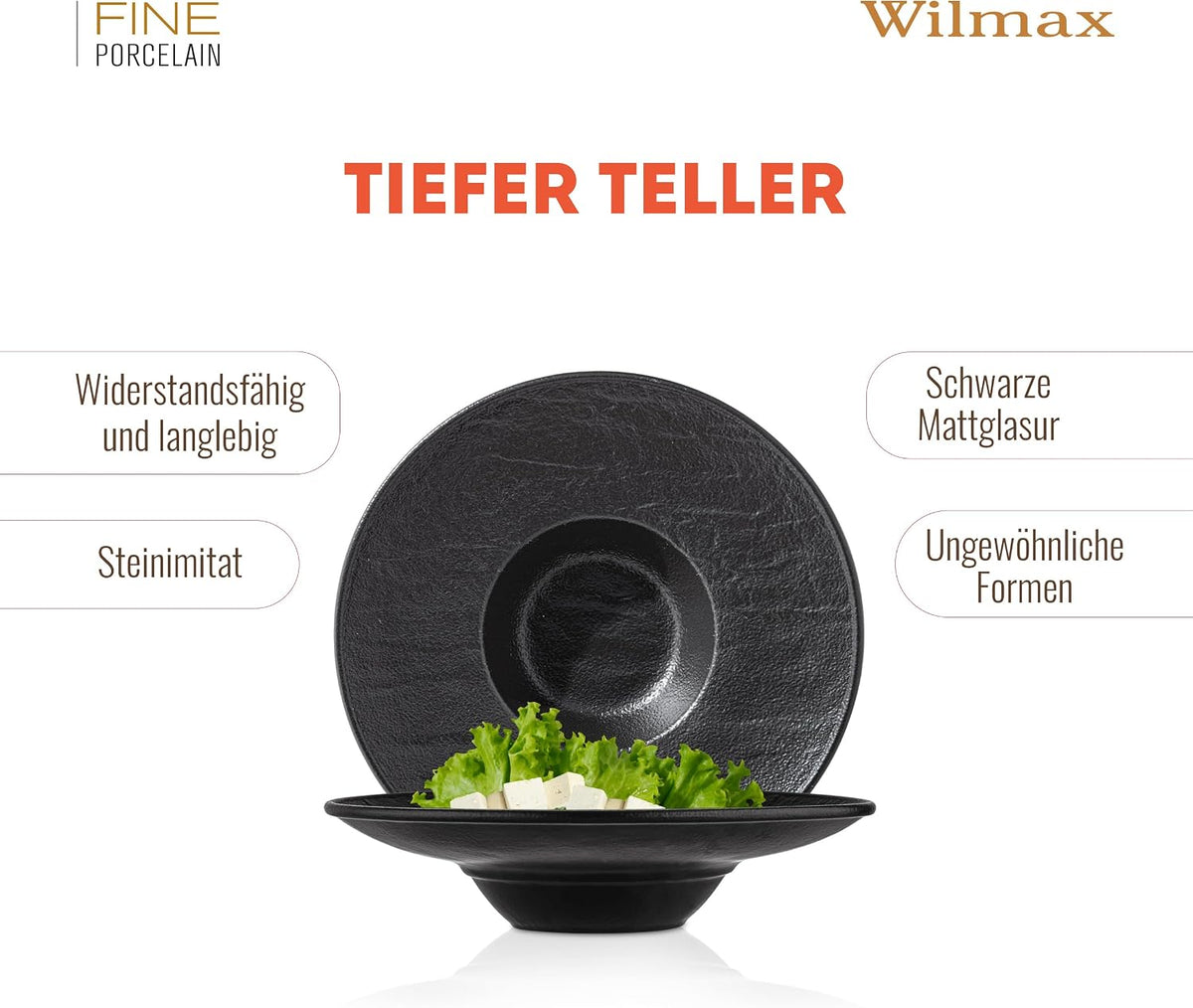 Wilmax Tiefer Teller 27 cm 250 ml 2er-Set Schwarz aus Porzellan