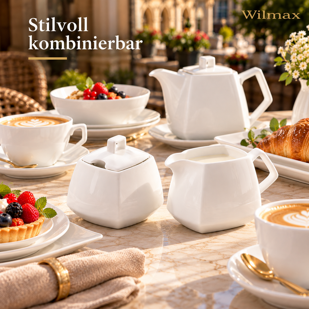Wilmax Zuckerdose 340 ml und Milchkännchen 300 ml 2-teilig Weiß aus Porzellan