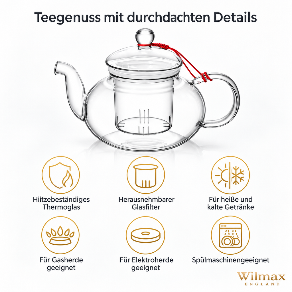 Wilmax Teekanne 620 ml mit Glasfilter Transparent aus Thermoglas