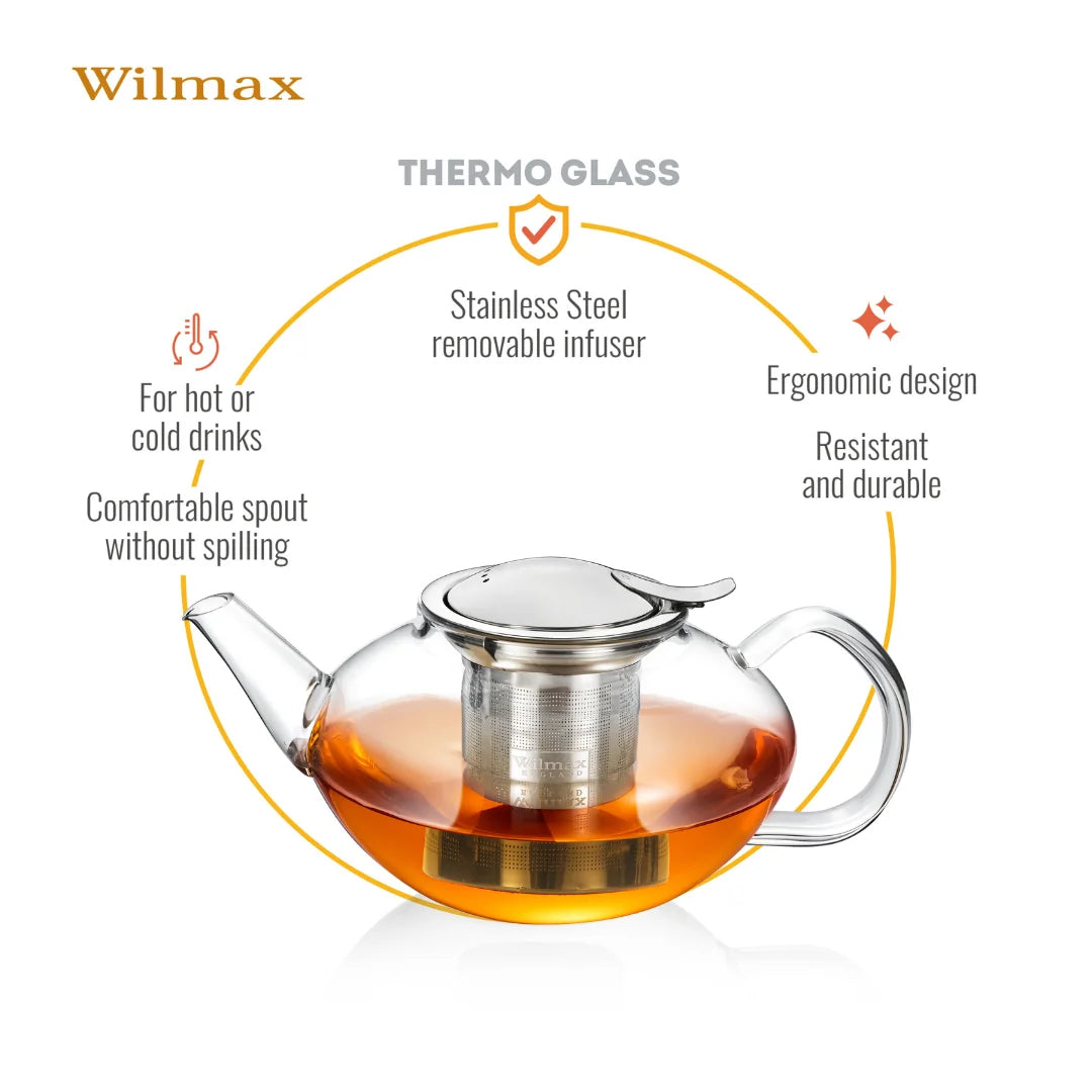 Wilmax Teekanne 650 ml mit Edelstahlfilter Transparent aus Thermoglas