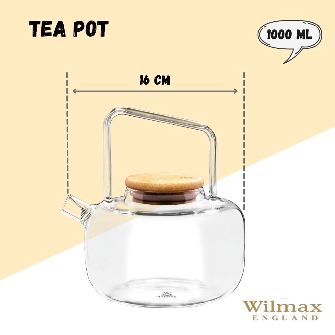 Wilmax Teekanne 1000 ml mit Federfilter und Bambusdeckel Transparent aus Thermoglas