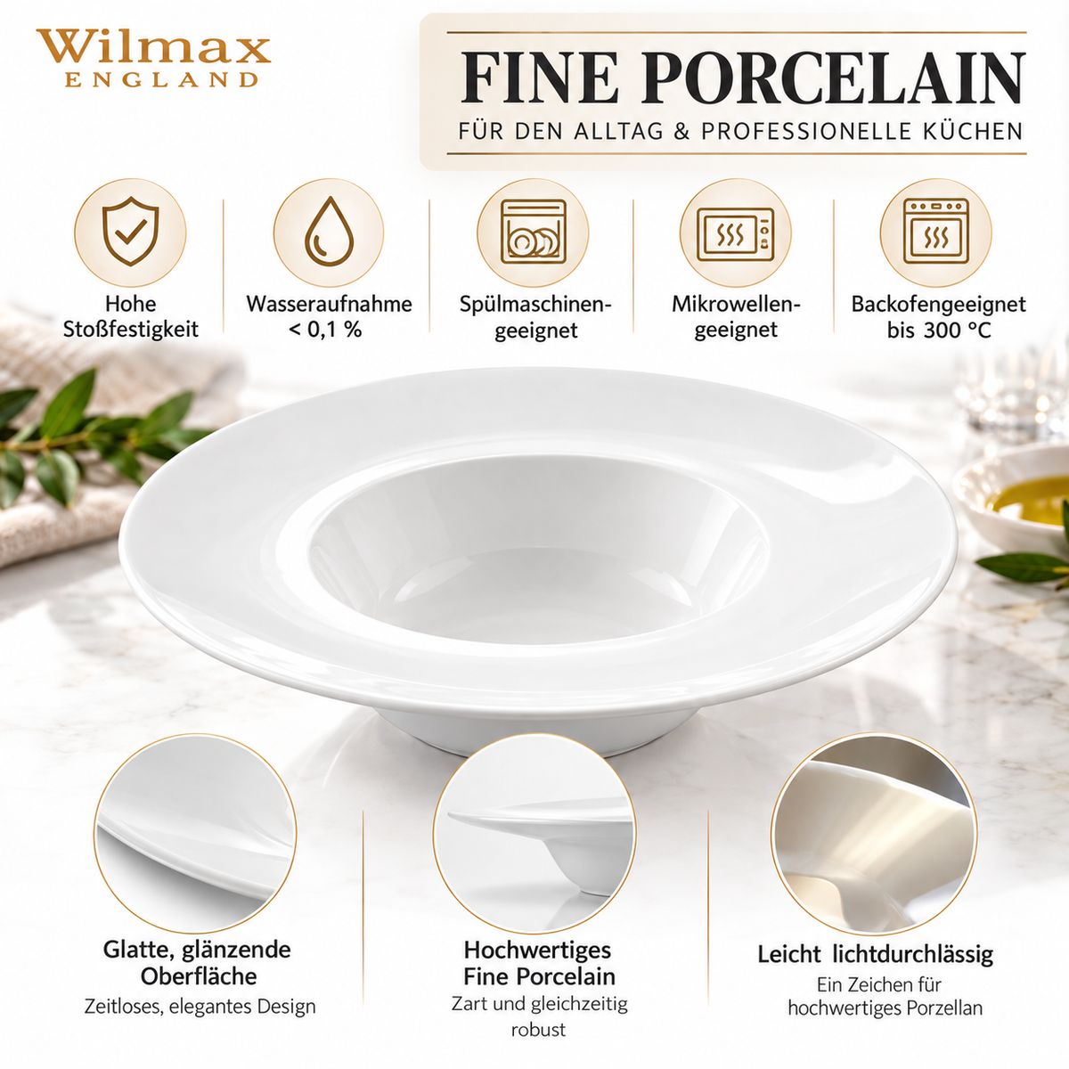 Wilmax Tiefer Teller 22,5 cm 400 ml Weiß aus Porzellan