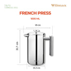 Wilmax Doppelwandige French Press 1000 ml Silber aus Edelstahl