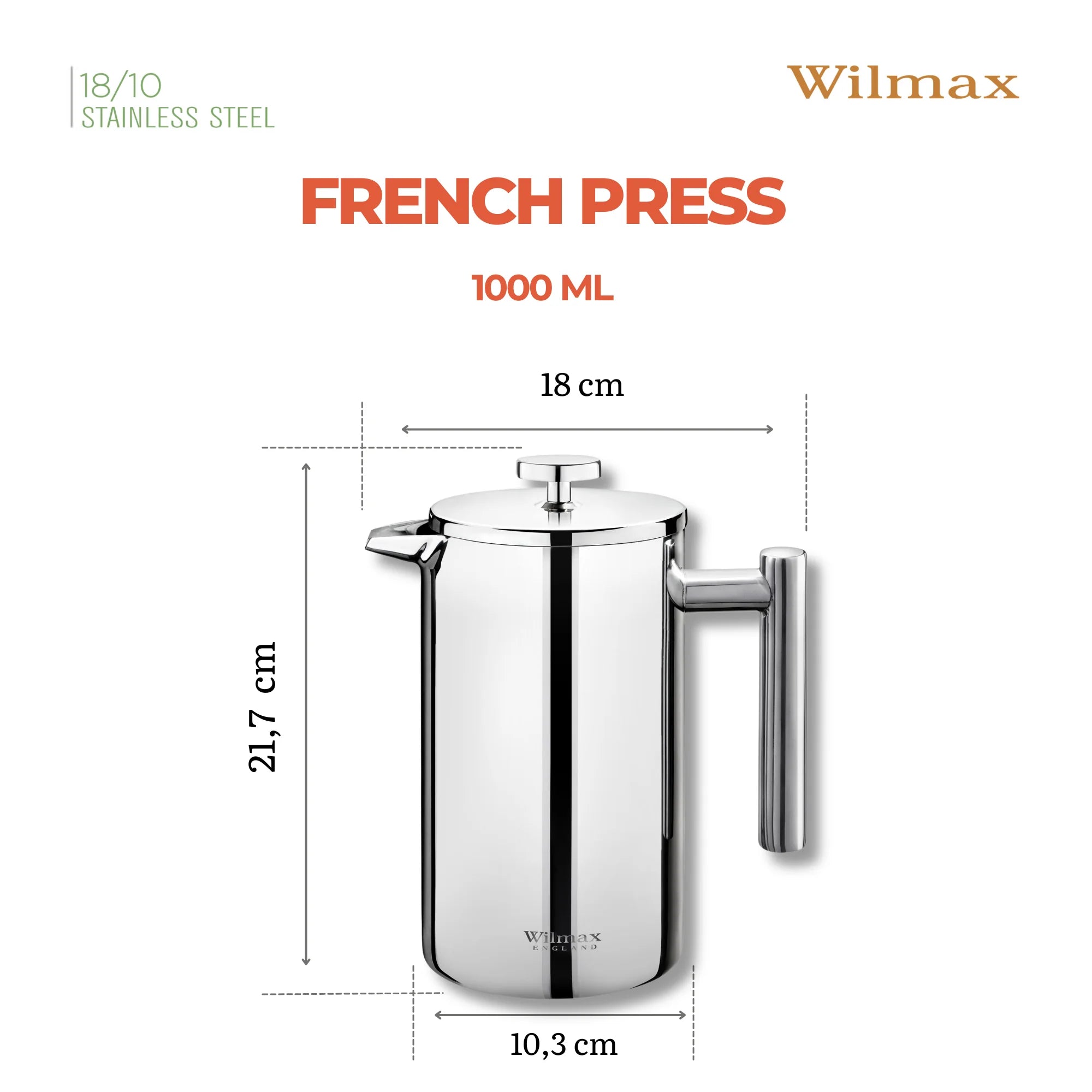 Wilmax Doppelwandige French Press 1000 ml Silber aus Edelstahl