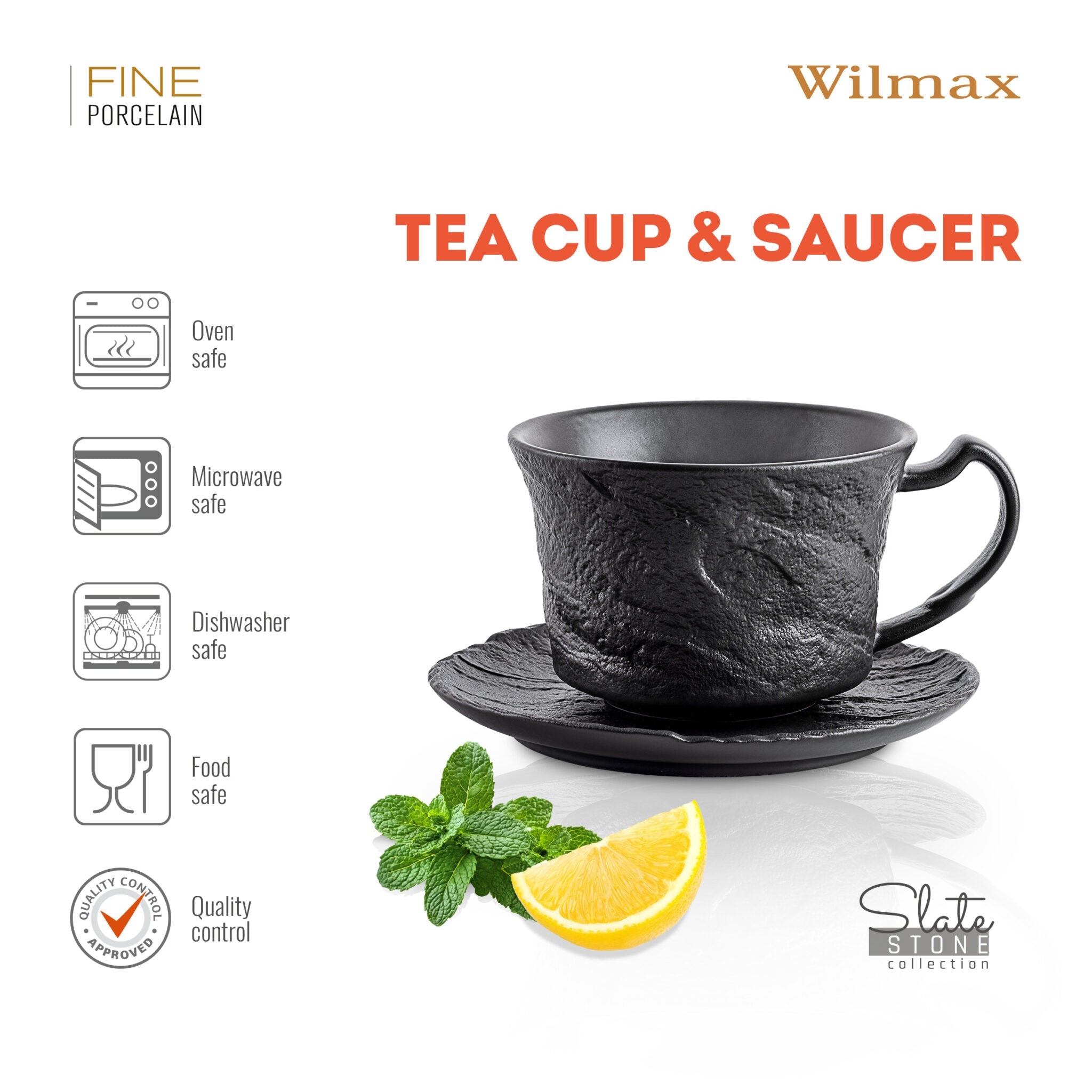 Wilmax Tasse mit Untertasse 250 ml Schwarz aus Porzellan