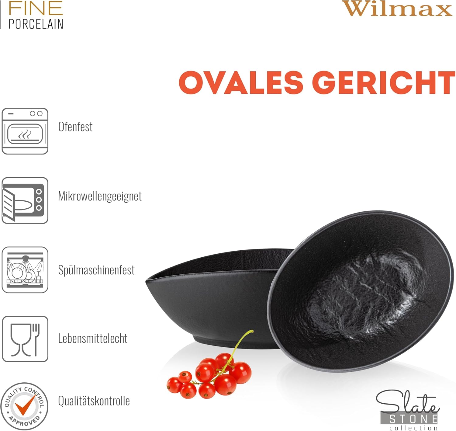 Wilmax Ovale Schale 8 × 6 × 3 cm Schwarz aus Porzellan