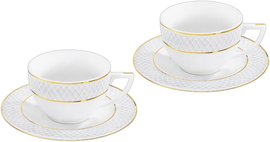 Wilmax Kaffeetasse mit Untertasse 90 ml 2er-Set Weiß mit goldfarbenem Dekor aus Porzellan