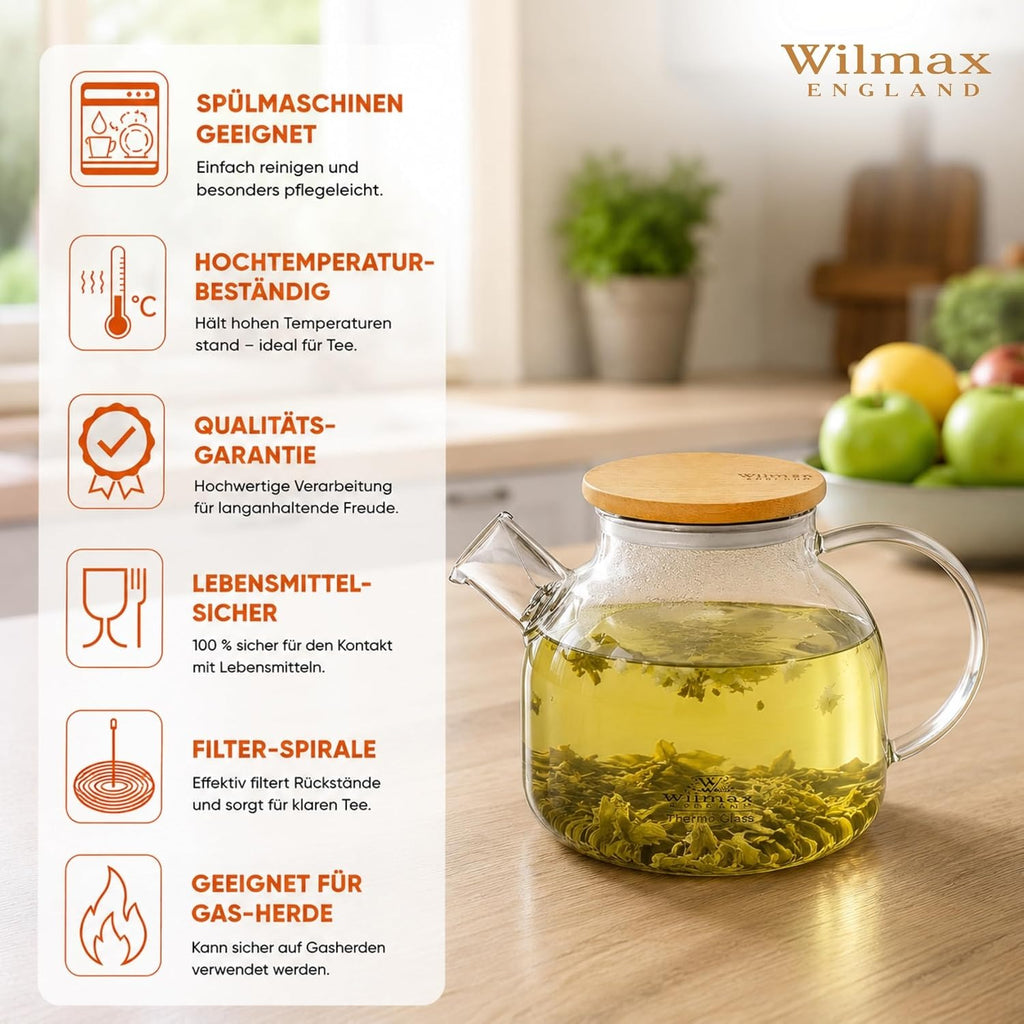 Wilmax Teekanne 950 ml mit Federfilter und Bambusdeckel Transparent aus Thermoglas