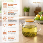 Wilmax Teekanne 950 ml mit Federfilter und Bambusdeckel Transparent aus Thermoglas