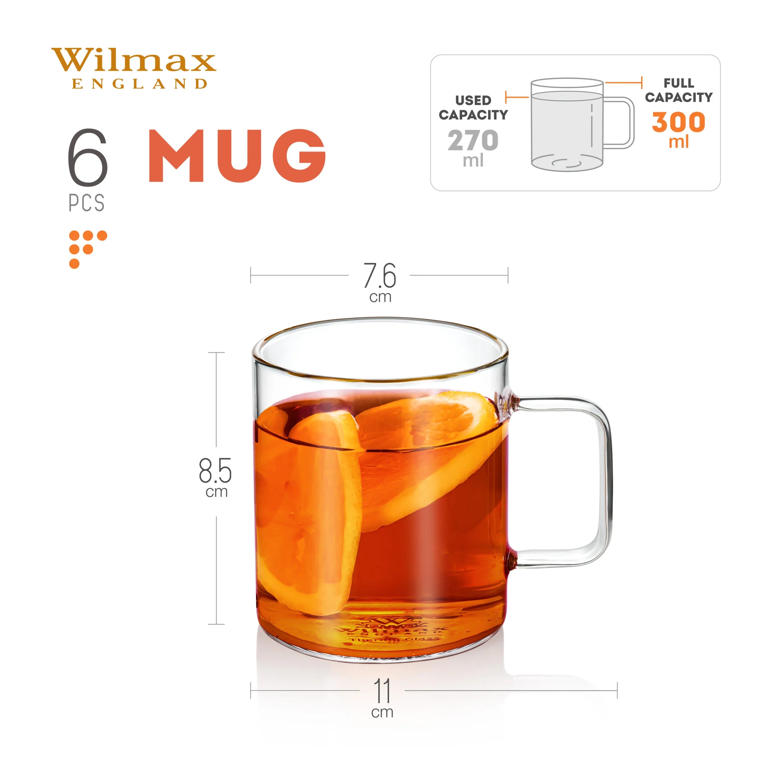 Wilmax Glasbecher 320 ml 6er-Set Transparent aus Borosilikatglas
