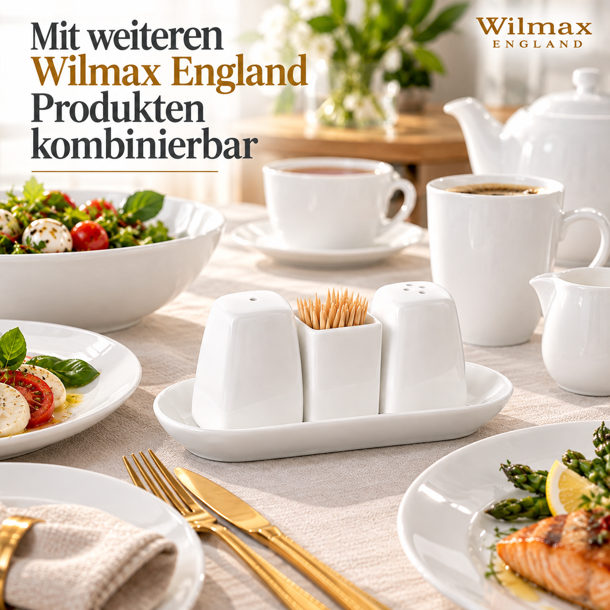 Wilmax Salz- und Pfefferstreuer-Set mit Zahnstocherhalter Weiß aus Porzellan