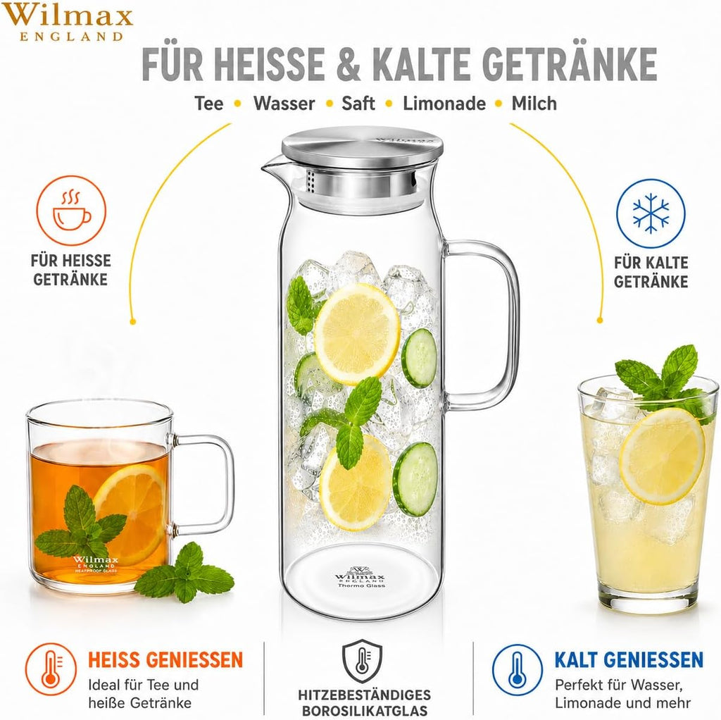 Wilmax Krug 1500 ml mit Edelstahldeckel und Filter Transparent aus Thermoglas