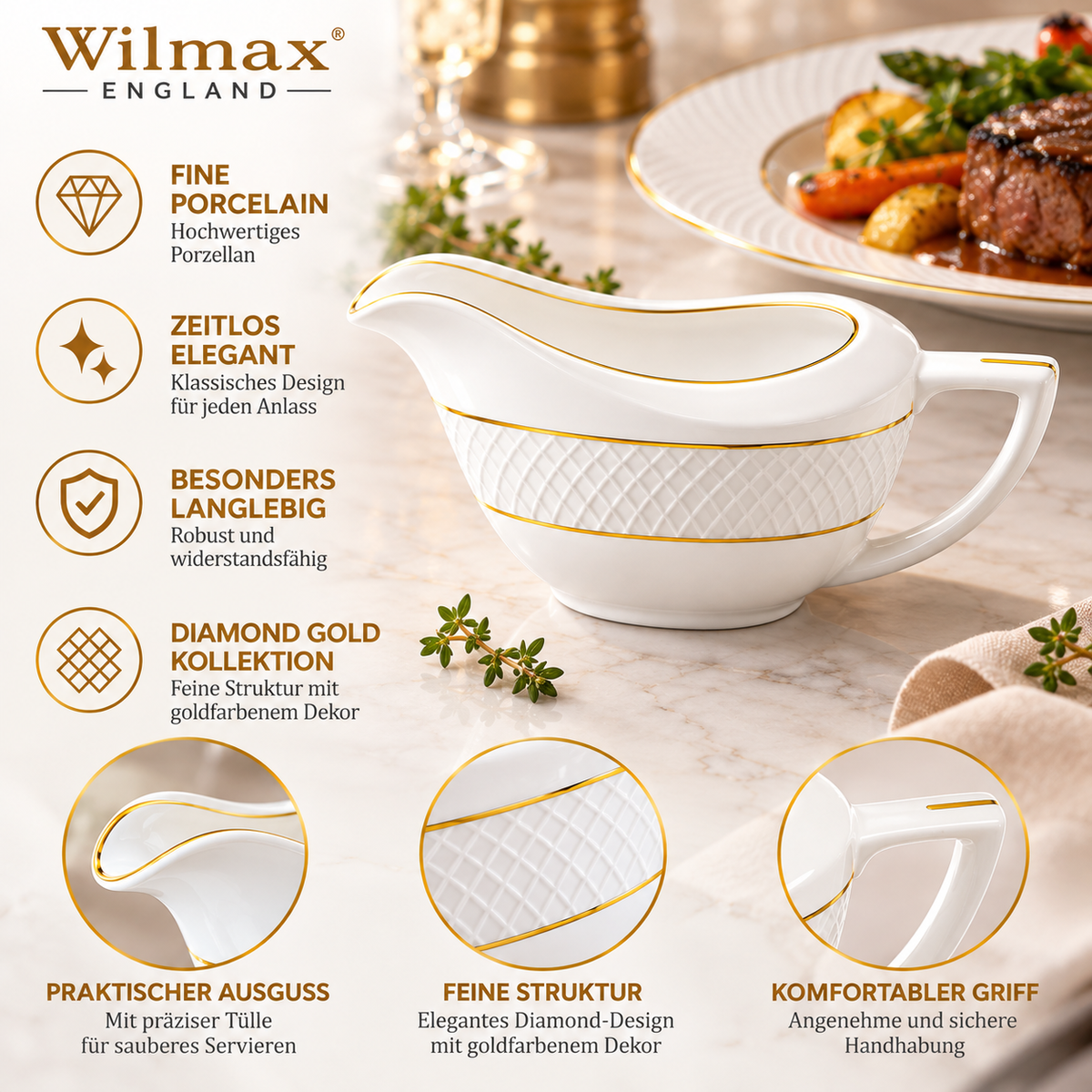 Wilmax Sauciere 230 ml Weiß mit Goldrand aus Porzellan