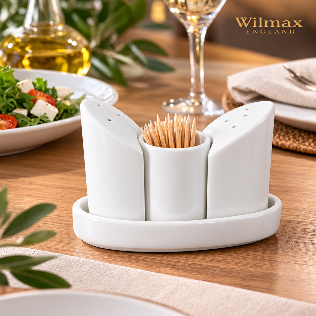 Wilmax Salz- und Pfefferstreuer-Set mit Tablett Weiß aus Porzellan