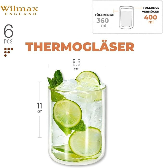 Wilmax Doppelwandiges Thermoglas 400 ml 6er-Set Transparent