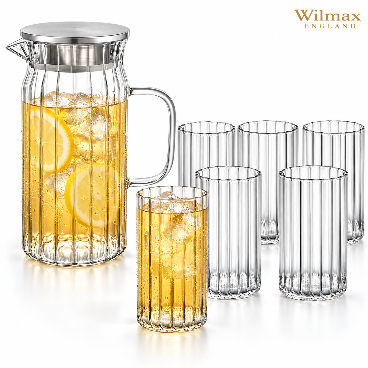 Wilmax Getränkeset 7-teilig mit Krug 1000 ml und 6 geriffelten Gläsern 250 ml