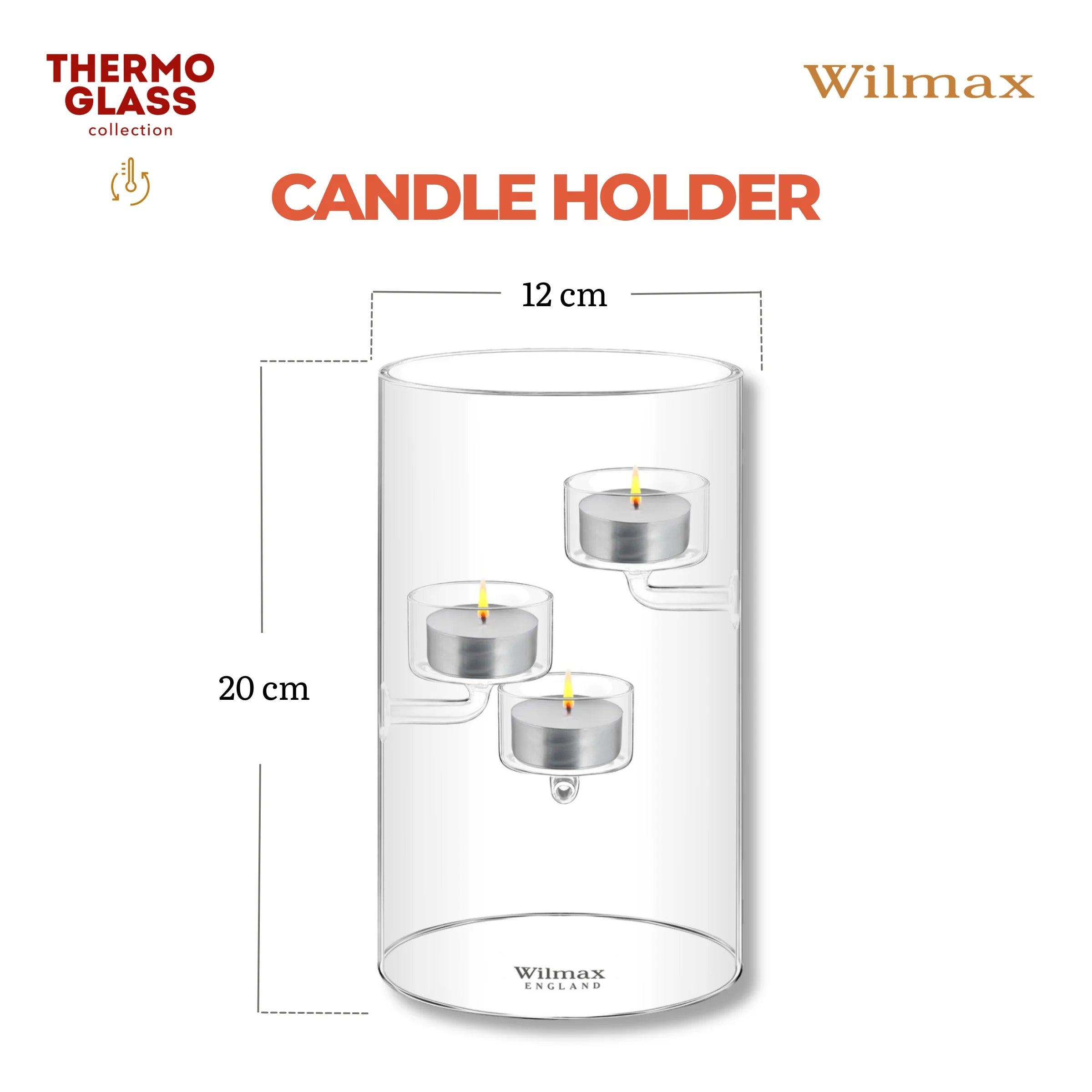 Wilmax Teelichthalter für 3 Teelichter 20 cm Transparent aus Glas