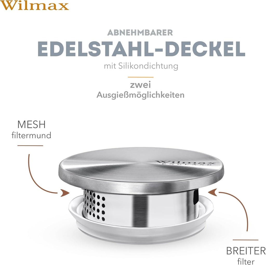 Wilmax Krug 2100 ml mit Edelstahldeckel und Filter Transparent aus Thermoglas