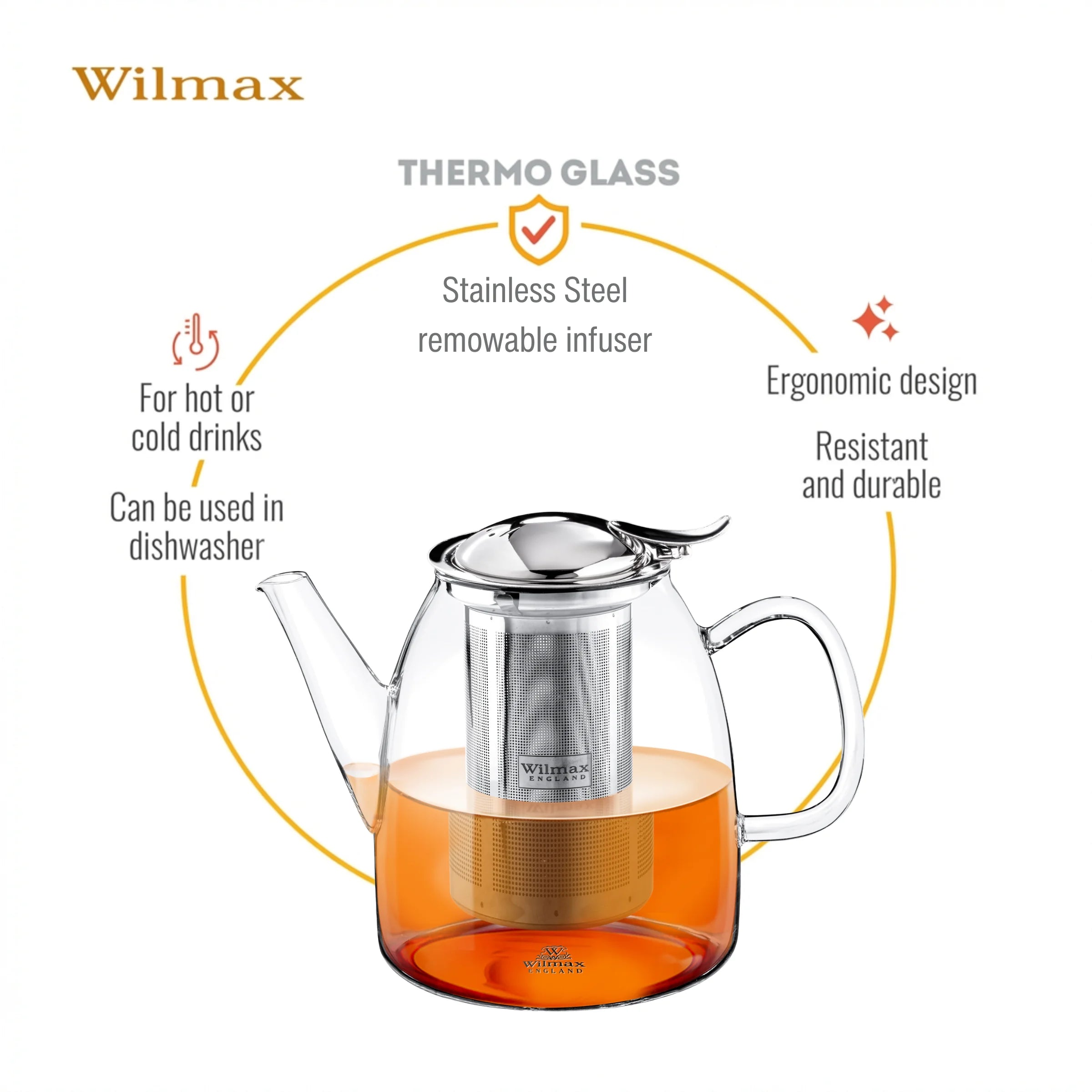 Wilmax Teekanne 600 ml mit Edelstahlfilter Transparent aus Thermoglas