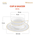 Wilmax Tasse mit Untertasse 240 ml 6er-Set Weiß mit goldfarbenem Dekor aus Porzellan