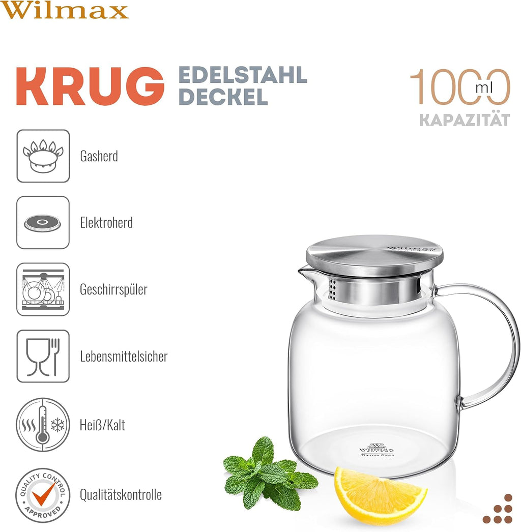 Wilmax Krug 1000 ml mit Edelstahldeckel und Filter Transparent aus Thermoglas