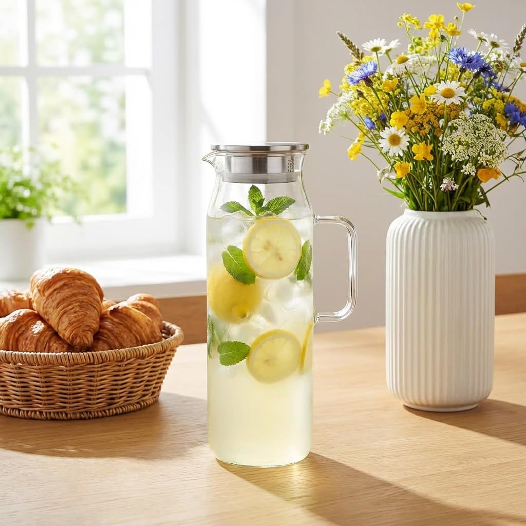 Wilmax Krug 1500 ml mit Edelstahldeckel und Filter Transparent aus Thermoglas
