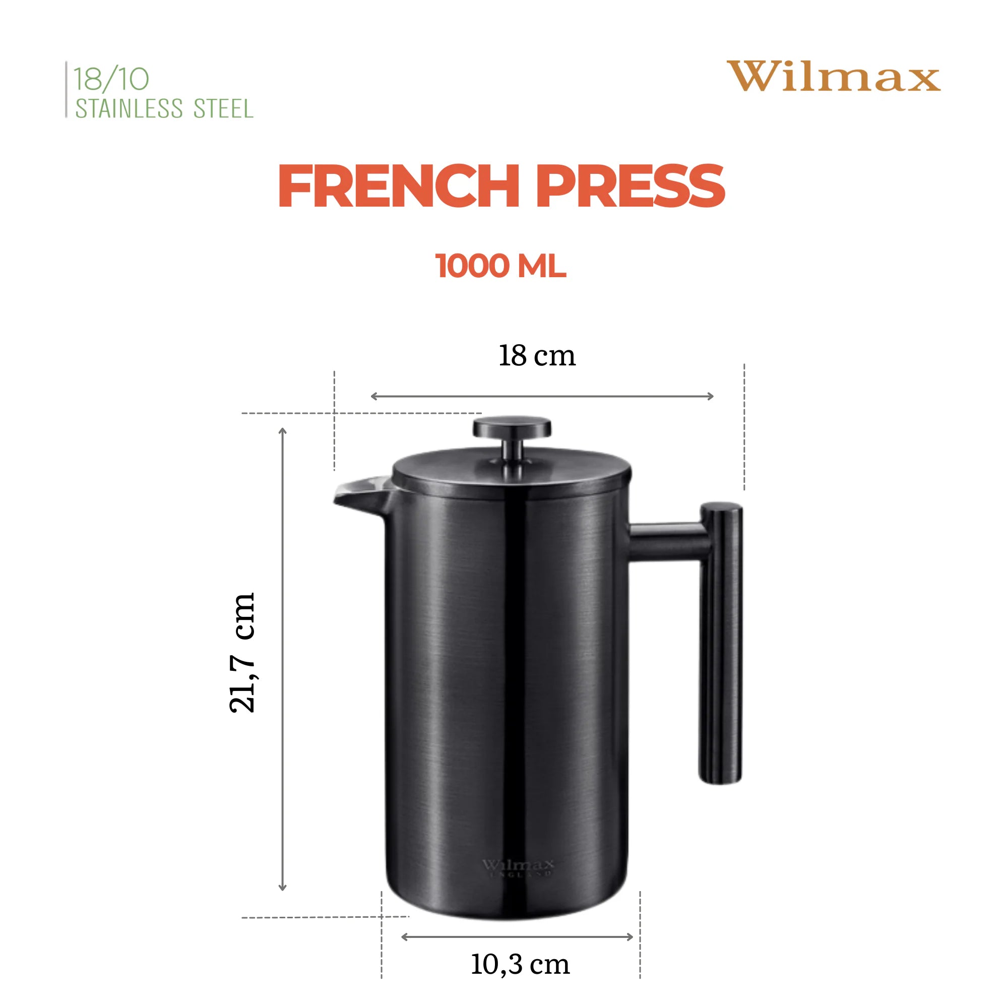 Wilmax French Press 1000 ml aus Edelstahl