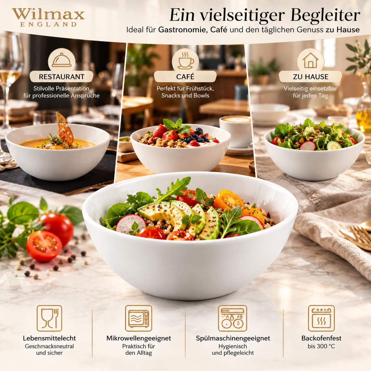 Wilmax Schale 14 cm 600 ml 4er-Set Weiß aus Porzellan