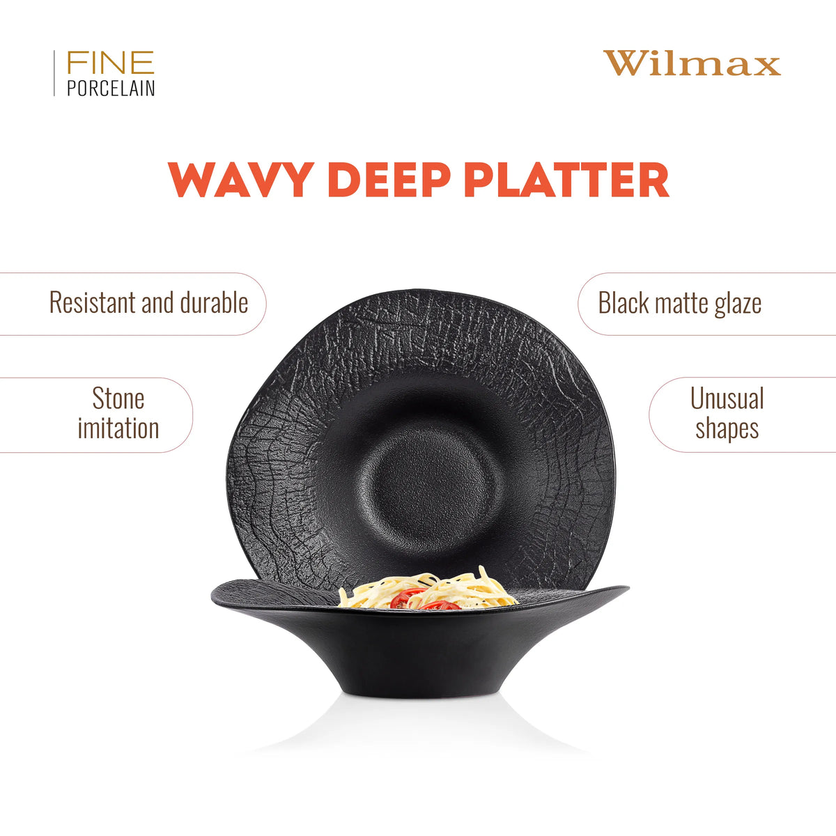 Wilmax Gewellte Servierplatte 30 cm 700 ml Schwarz aus Porzellan