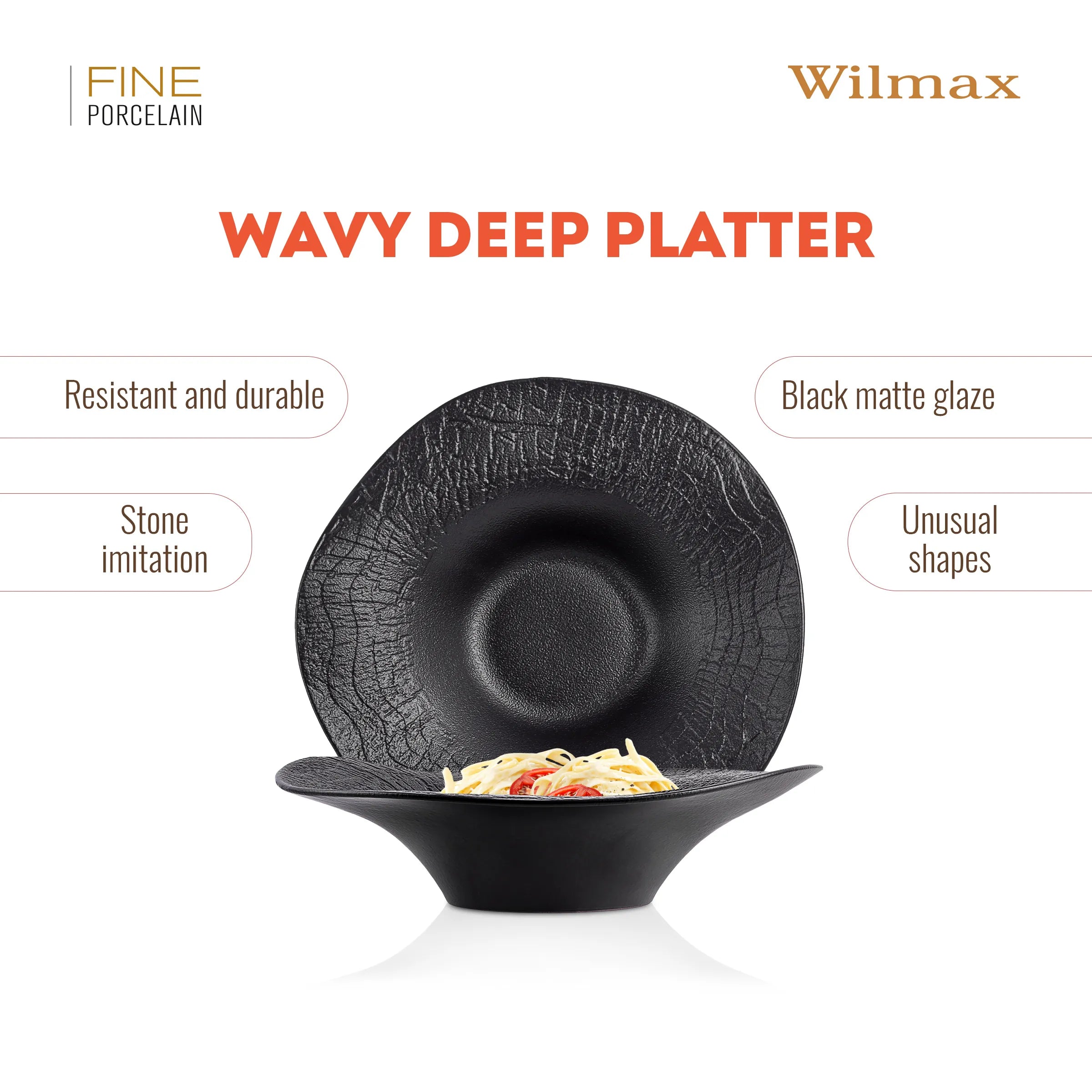 Wilmax Gewellte Servierplatte 30 cm 700 ml Schwarz aus Porzellan