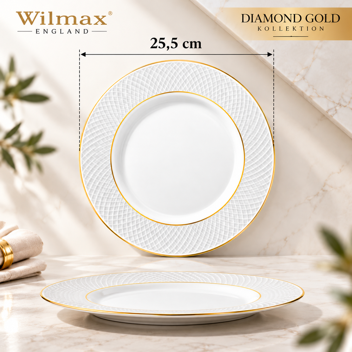 Wilmax Speiseteller 25,5 cm 2er-Set Weiß mit Goldlinien aus Porzellan